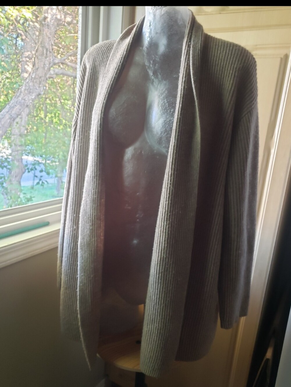 Club Monaco Cotton Cashmere  Ribbed Open-Front Cardigan - Beige Taupe